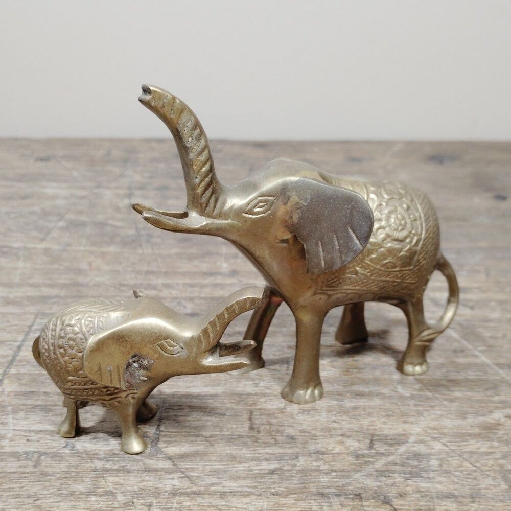 Two Brass Elephant Figurine Carved Embossed Decor Animal
